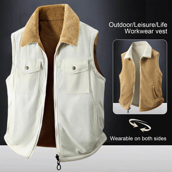 DayScoop Mens Vest Fashion Sleeveless Jacket Big & Tall Winter Solid Color Casual Double-Sided Corduroy Lamb Wool Top Plus Size