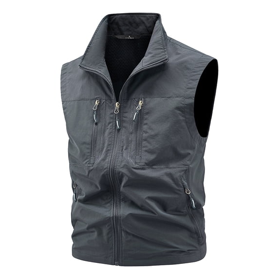 DayScoop Mens Vest Solid Color Sleeveless Jacket Big & Tall Casual Work Standing Collar Multiple Pockets Outdoor Photography Sports Top Plus Size
