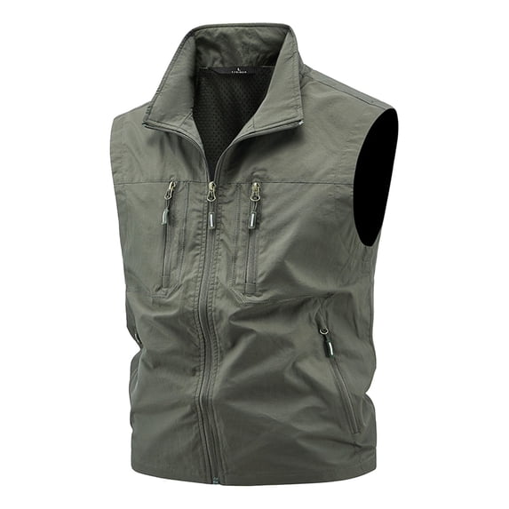 DayScoop Mens Vest Solid Color Sleeveless Jacket Big & Tall Casual Work Standing Collar Multiple Pockets Outdoor Photography Sports Top Plus Size
