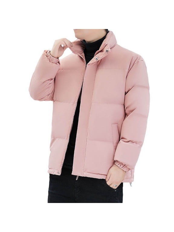 Mens Warm Jacket Casual Coat Long Sleeve Solid Color Fashion Bread Zipper Parkas Buttons Stand-up Collar Pocket