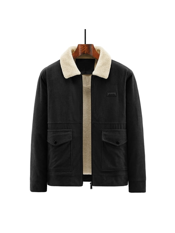 Mens Winter Jackets Fashion Outerwear Big & Tall Casual Fall Solid Color Zipper Pocket Turndown Collar Long Sleeve Hoodless Outer Tops Plus Size