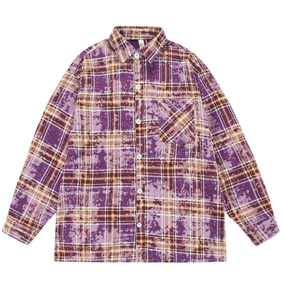 DayScoop Mens Winter Jackets Fashion Outerwear Casual Leisure Button Pocket Tie-Dyed Lattice Flip Collar Long Sleeves Shirt Outer Tops