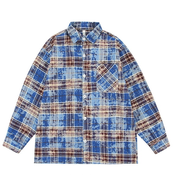 DayScoop Mens Winter Jackets Fashion Outerwear Casual Leisure Button Pocket Tie-Dyed Lattice Flip Collar Long Sleeves Shirt Outer Tops