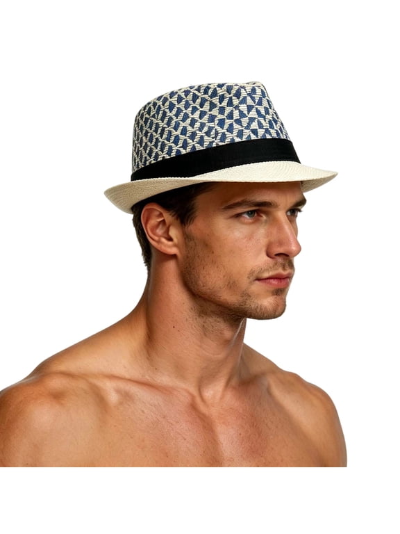 Mens Woven Straw Fedora Hat, Short Brim Natural Weave Trilby Cap With Black Ribbon B, Lightweight Breathable Summer Sun Hat Beach Travel Outdoor Party Daily Wear