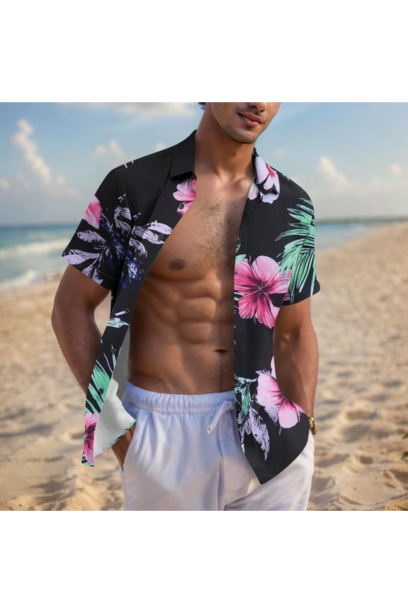 Shirts for Men Short Sleeved Shirt Summer Hawaiian Print Cardigan with Concealed Buttons and Pockets Tees Blouse Plus Size