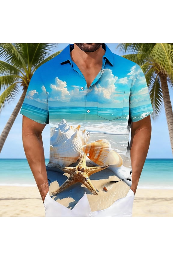 Short Sleeve Shirts for Men Summer Fashion Turtleneck Blouse with Pockets Hawaiian Print Button-front Tops