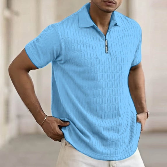 DayScoop Short Sleeve T-Shirts for Men Summer Fashion T-Shirt Solid Color Casual Loose Zipper Tees Turndown Collar Tops