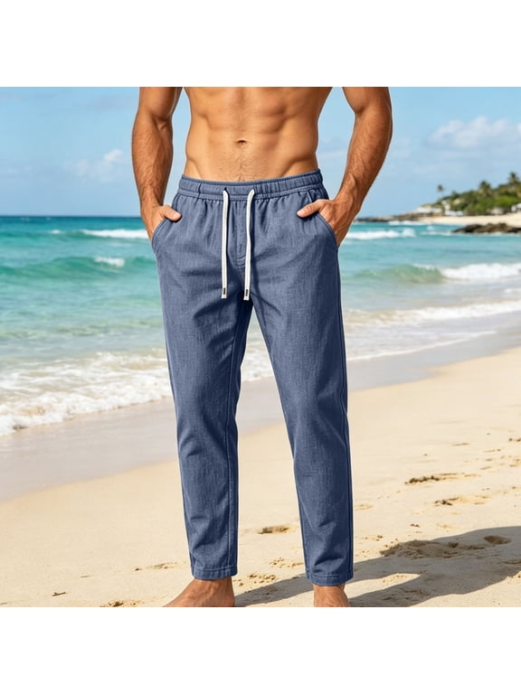 Summer Pants for Men Solid Color Trousers Big & Tall Casual Fashion Elastic Waist Thin Full Length Pants Plus Size