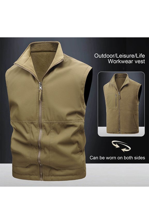 Winter Vest for Men Fashion Sleeveless Jacket Big & Tall Casual Double Sided Workwear Outdoor Photographer Fishing Solid Color Lapel Hooded Top Plus Size