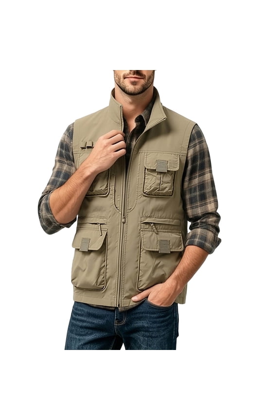Winter Vest for Men Fashion Sleeveless Jacket Big & Tall Casual Multi-Pocket Workwear Sports Thin Solid Color Stand Collar Top Plus Size