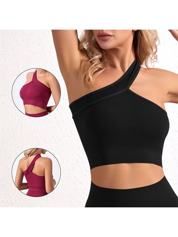 Womens One Shoulder Asymmetrical Sports Bra, Ribbed Seamless Padded Crop Top, Stretch Breathable Activewear, Athletic Bralette for Yoga Fitness and Daily Styling