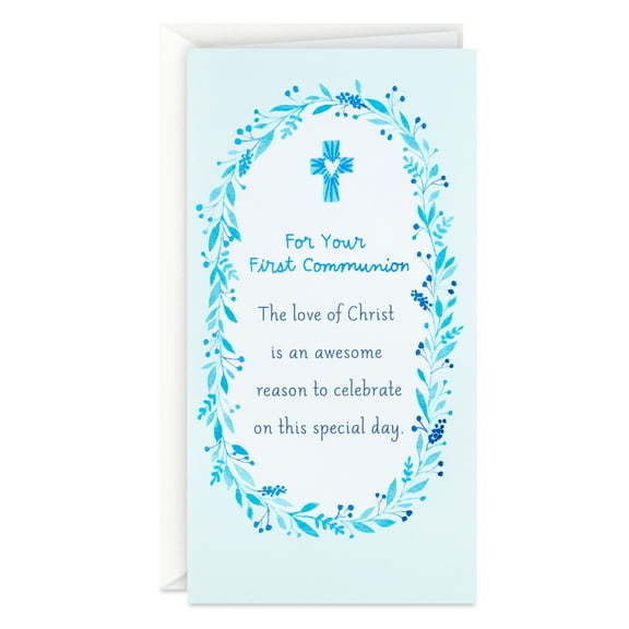 DaySpring Money Holder First Communion Card (Blue Floral Wreath)