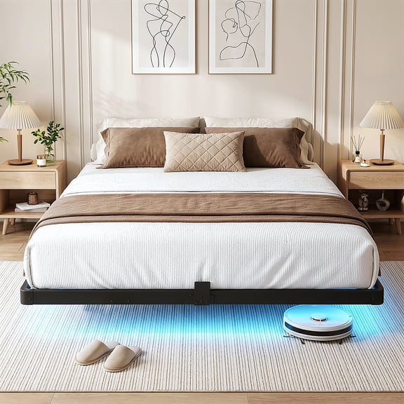 Dayago Floating Queen Bed Frame, 900Lbs Heavy Duty Metal Platform with LED Light and Charging Station, No Box Spring Needed, Black