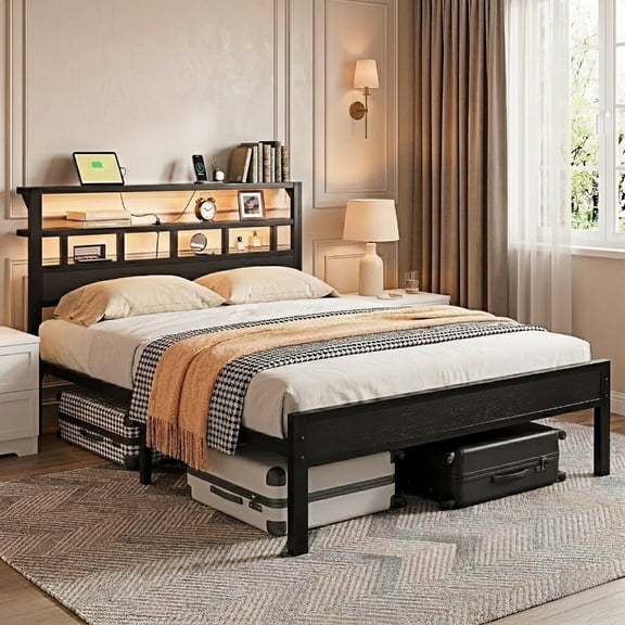Dayago Full Bed Frame with Storage Headboard and LED Light, Metal Platform Bed Frames Station with Charging Station, Noise-Free, No Box Spring Needed