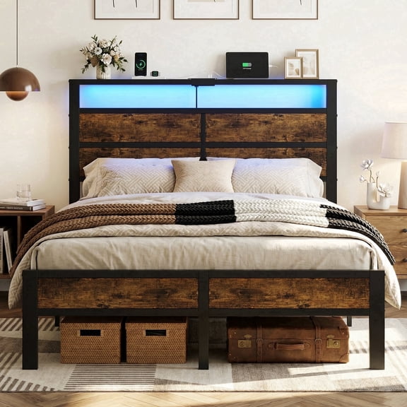 Dayago Full Bed Frames with Charging Station and LED Lights, Twin Size Wood Headboard Platform Bed with Metal Slats, No Box Spring Needed and Noise Free, Brown