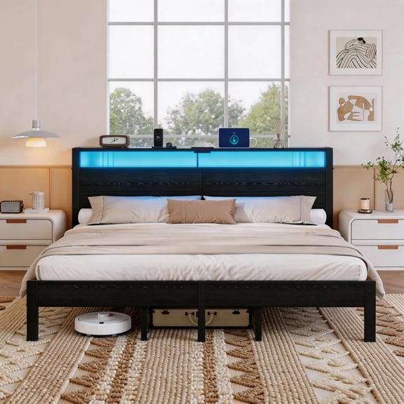 Dayago King Bed Frames with Charging Station and LED Lights, Twin Size Wood Headboard Platform Bed with Metal Slats, No Box Spring Needed and Noise Free, Black Oak