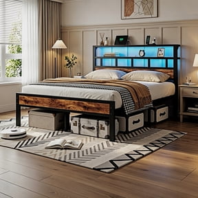 Dayago Queen Bed Frame with Headboard & Footboard, Bed Frame with Built-in Charging Station & LED Light, Storage Shelf, Noise-Free, No Box Spring Needed, Easy Assembly, Classic Brown