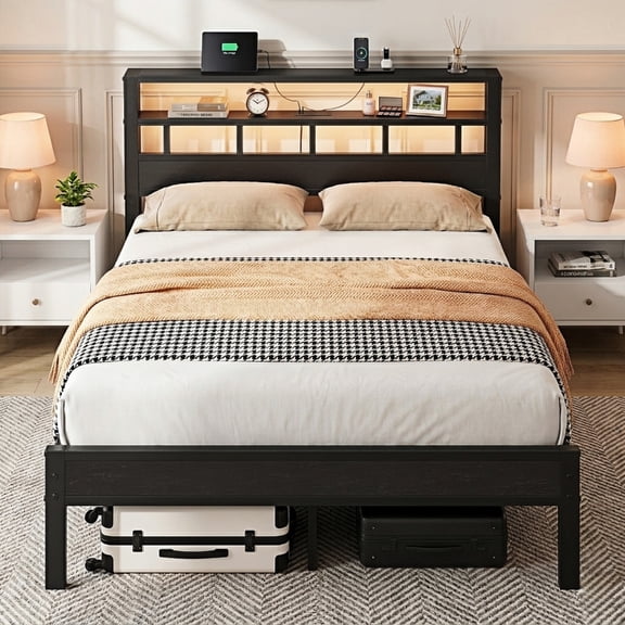 Dayago Queen Bed Frame with Storage Headboard and LED Light, Metal Platform Bed Frames Station with Charging Station, Noise-Free, No Box Spring Needed