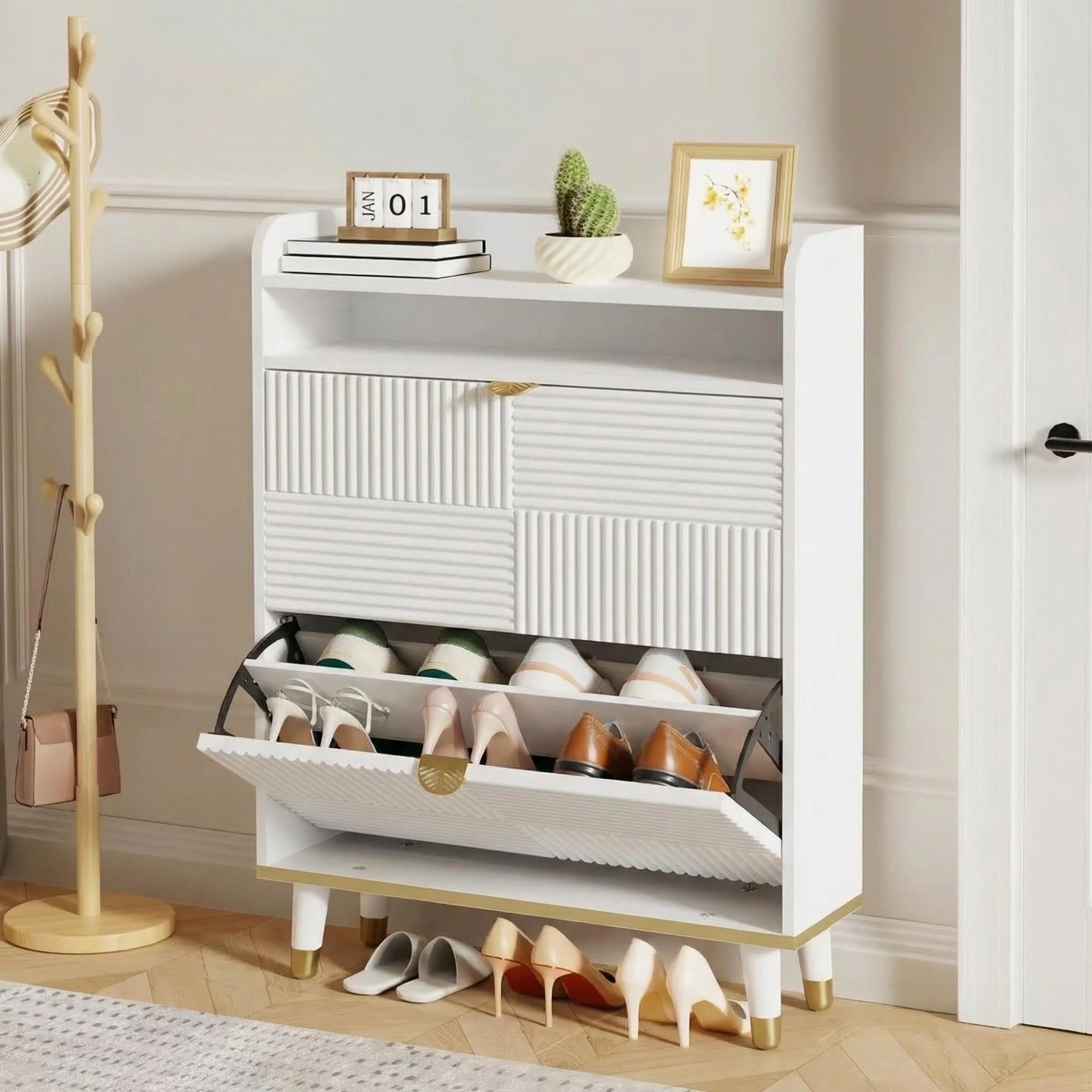Dayago Shoe Cabinet Organizer with 2 Flip Drawers, Freestanding Narrow Rack with Metal Legs, Wood Hidden Shoe Storage，Freestanding Narrow Slim Shoe Organizer for Entryway, Foyer, Hallway, White