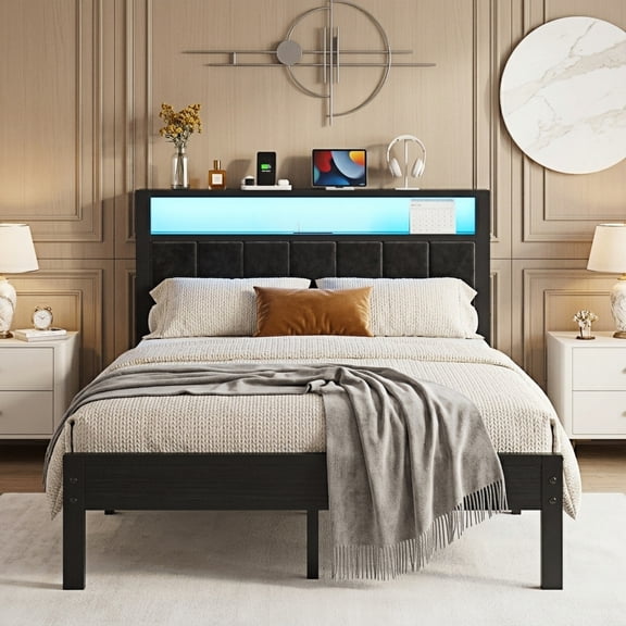 Dayago Queen Size LED Bed Frames with Charging Station and Storage Headboard, Upholstered Metal Platform Bed, Noise Free, Black