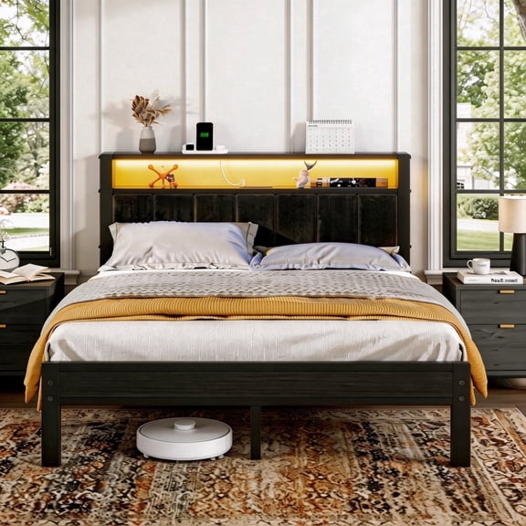 Dayago Queen Size LED Bed Frames with Charging Station and Storage Headboard, Upholstered Metal Platform Bed, Noise Free, Black