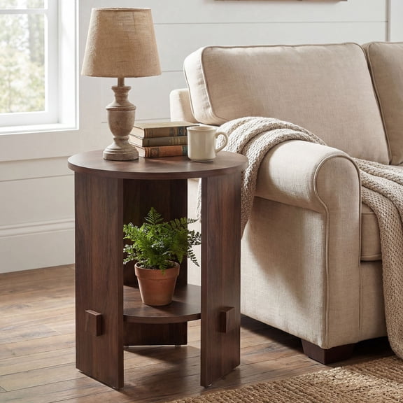 Dayalane 15.5" Round Side Tables with Storage, Wooden Veneer End Table with 2-Tier Small Open Shelf, Modern Nightstand Compact Accent Table for Living/Bedroom/Sofa Side/Small Spaces, Walnut