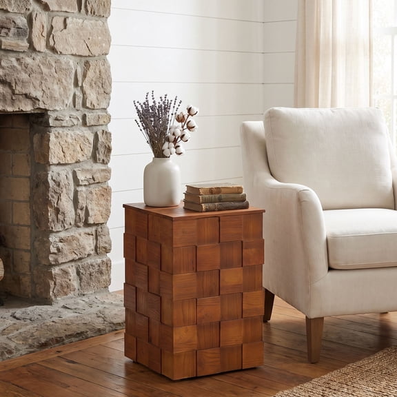 Dayalane 19.25" Square End Table, Modern Farmhouse Geometric Wood Panel Design Compact Side Table, Solid Elm Wood Fully Assembled Accent Table for Living/Art Museum/Floral Room,Walnut