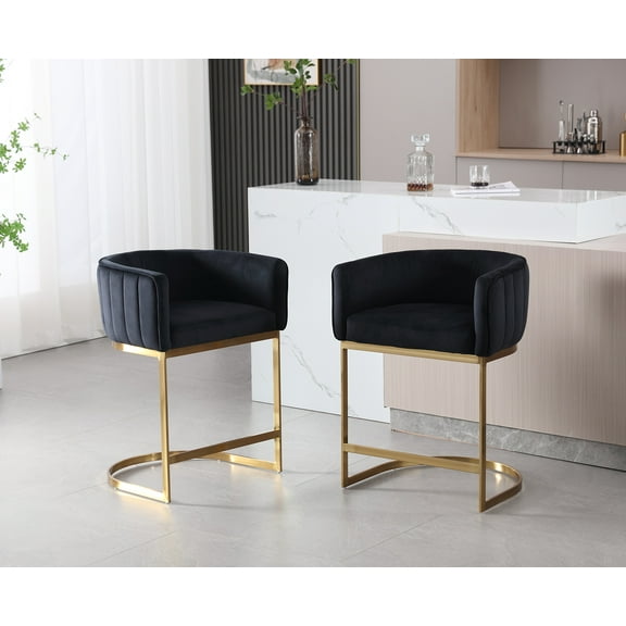 Dayalane 24.5" Modern Counter Height Bar Stool Set of 2, Velvet Upholstered Bar Stool with Curved Backrest and Gold Metal Frame, Comfy Barrel Stools Kitchen Island Stool for Bar Restaurant, Black
