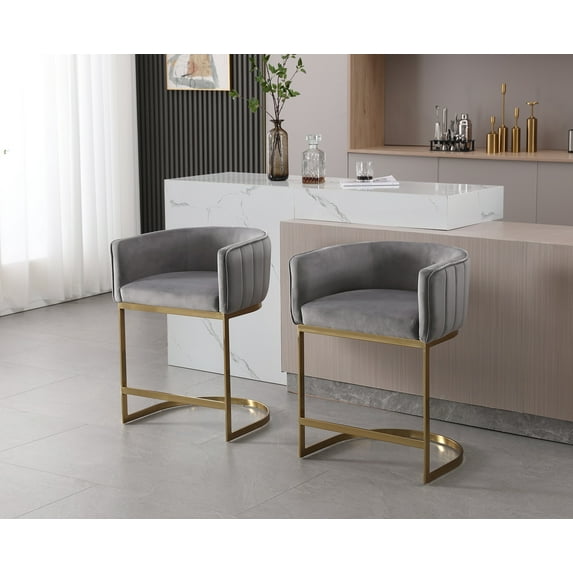 Dayalane 24.5" Modern Counter Height Bar Stool Set of 2, Velvet Upholstered Bar Stool with Curved Backrest and Gold Metal Frame, Comfy Barrel Stools Kitchen Island Stool for Bar Restaurant, Gray
