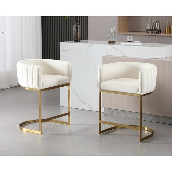 Dayalane 24.5" Modern Counter Height Bar Stool Set of 2, Velvet Upholstered Bar Stool with Curved Backrest and Gold Metal Frame, Comfy Barrel Stools Kitchen Island Stool for Bar Restaurant, White