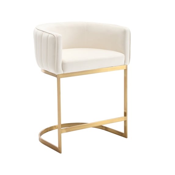 Dayalane 24.5" Modern Counter Height Bar Stool, Velvet Upholstered Bar Stool with Curved Backrest and Gold Metal Frame, Comfy Barrel Stools Kitchen Island Stool for Bar Restaurant Cafe, White