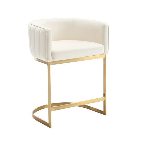 Dayalane 24.5" Modern Counter Height Bar Stool, Velvet Upholstered Bar Stool with Curved Backrest and Gold Metal Frame, Comfy Barrel Stools Kitchen Island Stool for Bar Restaurant Cafe, White