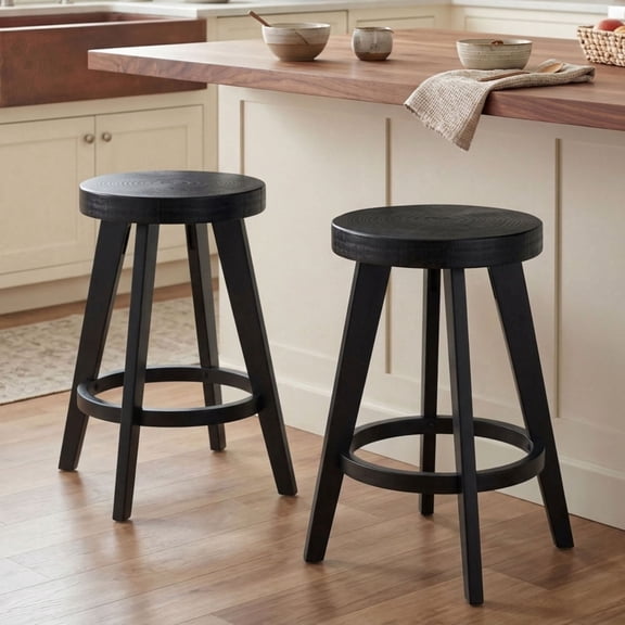 Dayalane 24" Backless Bar Stools Set of 2, Rustic Farmhouse Counter Height Stool with Live Edge Tree Ring Seat, Wooden Barstools for Kitchen Island Bistro Bar and Home Dining,Black