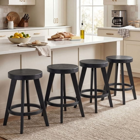 Dayalane 24" Backless Bar Stools Set of 4, Rustic Farmhouse Counter Height Stool with Live Edge Tree Ring Seat, Wooden Barstools for Kitchen Island Bistro Bar and Home Dining,Black