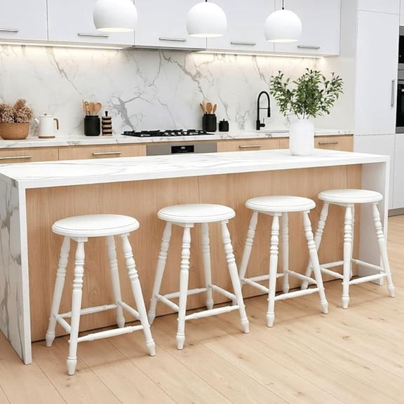 Dayalane 24" Backless Counter Height Bar Stools Set of 4, Farmhouse Wooden Counter Stools with Round Seat & Turned Legs, Rustic Vintage Colonial Short Bar Chairs for Kitchen Island Bar Bistro, White