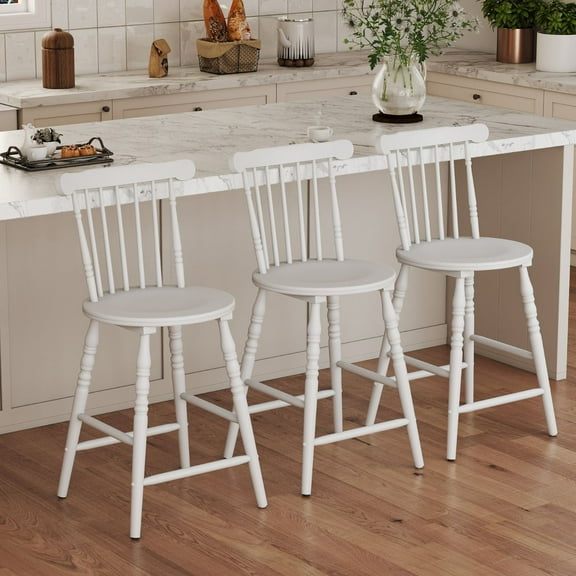 Dayalane 24" Windsor Bar Stools Set of 3, Antique-style Counter Height Barstools with Spindle Back & Turned Legs, Rustic Vintage Colonial Wooden Island chair for Kitchen/Breakfast Bar/Home Pub, White