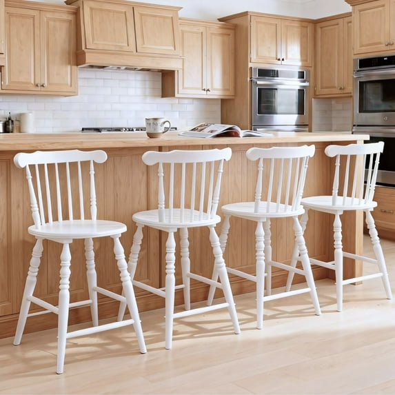 Dayalane 24" Windsor Bar Stools Set of 4, Antique-style Counter Height Barstools with Spindle Back & Turned Legs, Rustic Vintage Colonial Wooden Island chair for Kitchen/Breakfast Bar/Home Pub, White