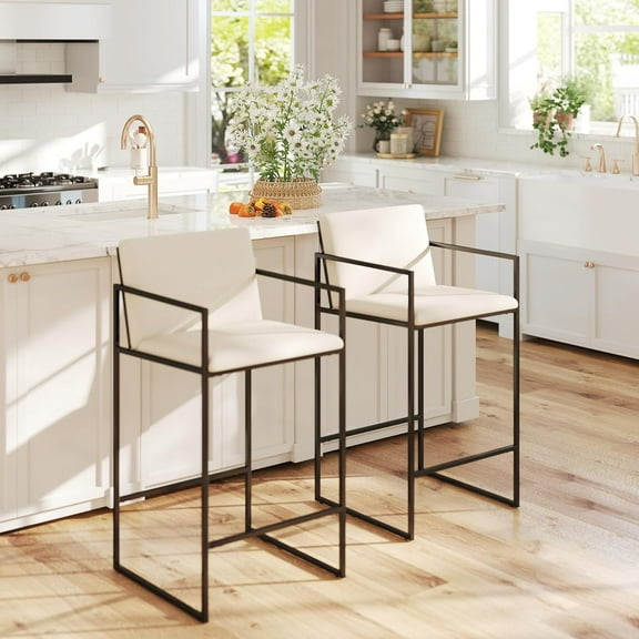 Dayalane 25.5" H Counter Height Bar Stools Set of 2, Linen Counter Stools with Back Bar Chairs, Modern Upholstered Barstools for Kitchen Counter, Cream