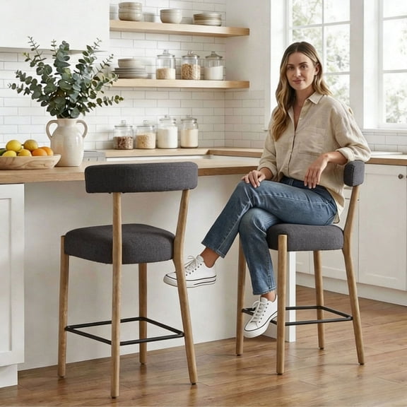 Dayalane 26.5" Counter Height Barstools Set of 2, Modern Farmhouse Bar Stools with Curved Back and Rubberwood Frame Upholstered Linen Kitchen Stool for Counter Bar Island Bar Pub, Charcoal