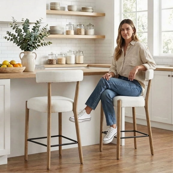 Dayalane 26.5" Counter Height Barstools Set of 2, Modern Farmhouse Bar Stools with Curved Back and Rubberwood Frame Upholstered Linen Kitchen Stool for Counter Bar Island Bar Pub, Beige