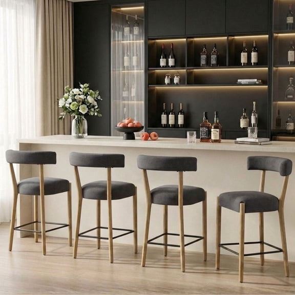 Dayalane 26.5" Counter Height Barstools Set of 4, Mid-Century Modern Bar Stools with Curved Back and Rubberwood Frame Upholstered Linen Kitchen Stool for Counter Bar Island Bar Pub, Charcoal