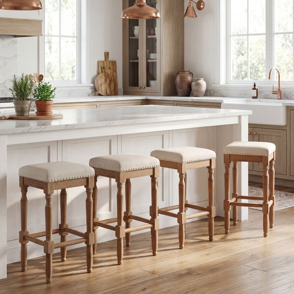 Dayalane 26" Backless Bar Stools Set of 4, Rustic Farmhouse Wooden Counter Height Barstools with Nailhead Trim Seat, Linen Upholstered Island Stools for Kitchen Island Bistro Bar Dining,Natural