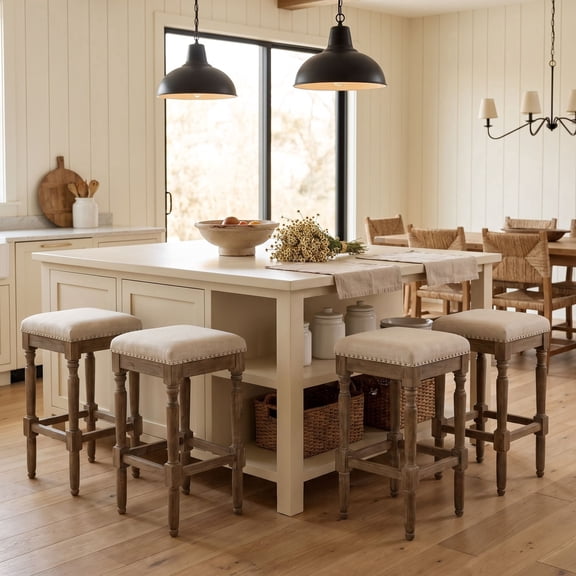 Dayalane 26" Backless Bar Stools Set of 4, Rustic Farmhouse Wooden Counter Height Barstools with Nailhead Trim Seat, Linen Upholstered Island Stools for Kitchen Island Bistro Bar Dining, Dark Brown