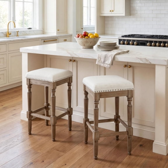 Dayalane 26" Backless Bar Stools Set of 2, Rustic Farmhouse Wooden Counter Height Barstools with Nailhead Trim Seat, Linen Upholstered Island Stools for Kitchen Island Bistro Bar Dining, Dark Brown