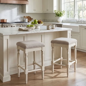 Dayalane 26" Backless Bar Stools Set of 2, Rustic Farmhouse Wooden Counter Height Barstools with Nailhead Trim Seat, Linen Upholstered Island Stools for Kitchen Island Bistro Bar Dining, Gray