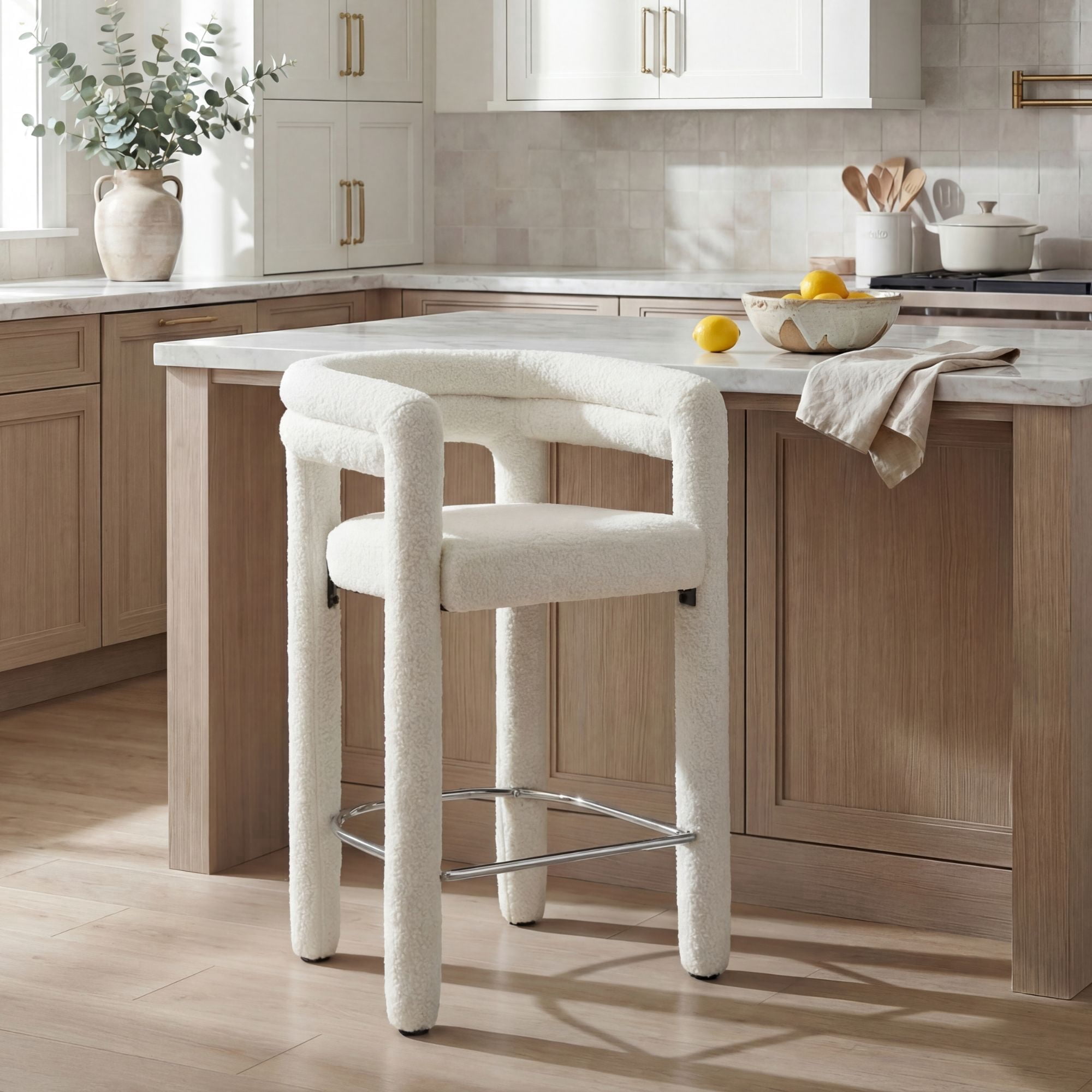 Dayalane 26" Counter Height Bar Stools Set of 1, Modern Sherpa Barrel Barstools with Back and Armrests, Stainless Steel Footrest for Kitchen Island, White