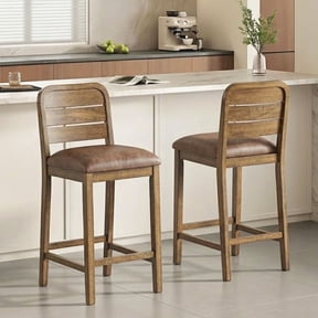 Dayalane 26" Counter Height Bar Stools Set of 2, Farmhouse Wooden Bar Stools with Ladder Back, PU leather Upholstered Kitchen Island Chairs for for Island Bar Island Cafe Kitchen, Brown