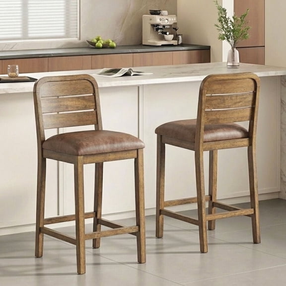 Dayalane 26" Counter Height Bar Stools Set of 2, Farmhouse Wooden Bar Stools with Ladder Back, PU leather Upholstered Kitchen Island Chairs for for Island Bar Island Cafe Kitchen, Brown