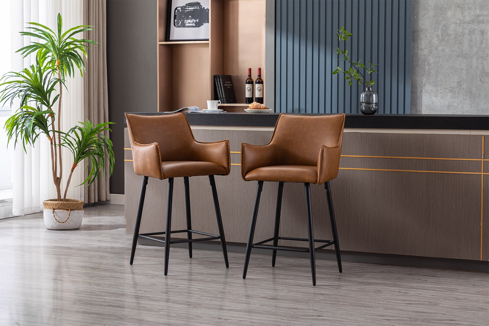 Dayalane 26" Counter Height Bar Stools Set of 2, Modern Faux Leather Upholstered Barstools with Back and Footrest, Kitchen Island Bar Stools with Armrests for Pub Home Bar Dining Room Bistro, Brown