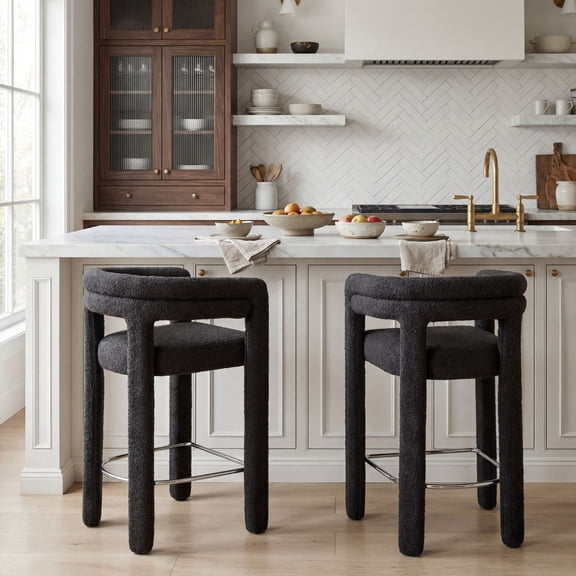 Dayalane 26" Counter Height Bar Stools Set of 2, Modern Sherpa Barrel Barstools with Back and Armrests, Stainless Steel Footrest for Kitchen Island, Black